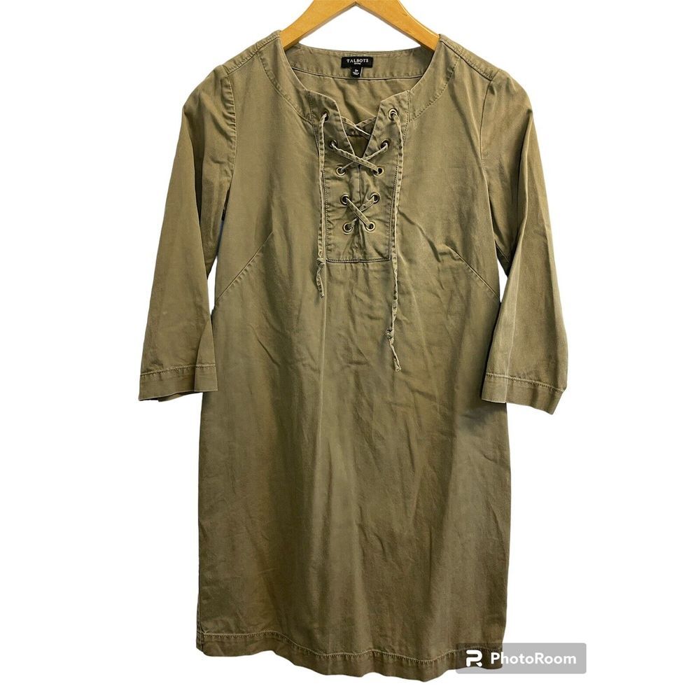 Talbots Olive Green Military Lace up Front‎ 3/4 Sleeve Shirt Dress Size 2P